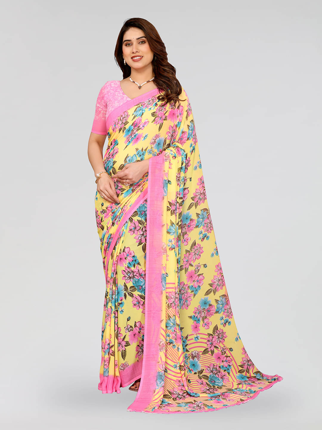     			ANAND SAREES Georgette Printed Kasavu Saree With Unstitched Blouse Piece ( YELLOW )