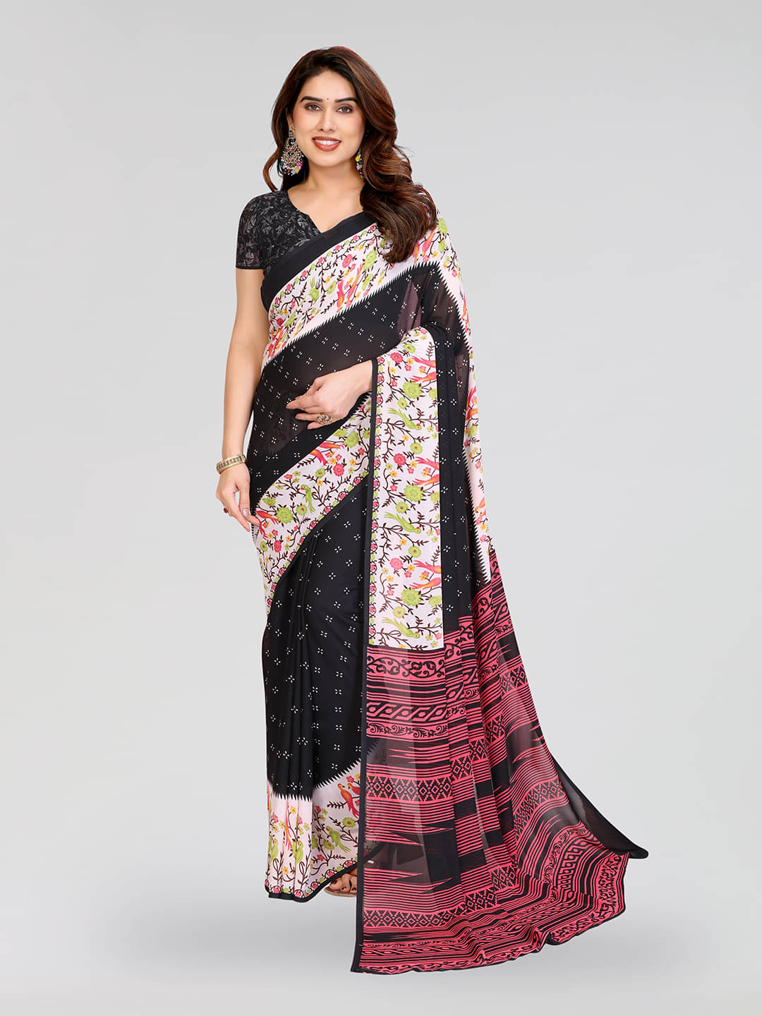     			ANAND SAREES Georgette Printed Kasavu Saree With Unstitched Blouse Piece ( BLACK )