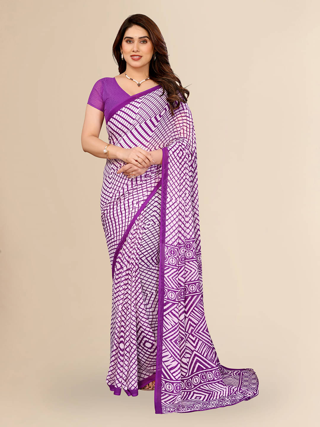     			ANAND SAREES Georgette Printed Kasavu Saree With Unstitched Blouse Piece ( PURPLE )