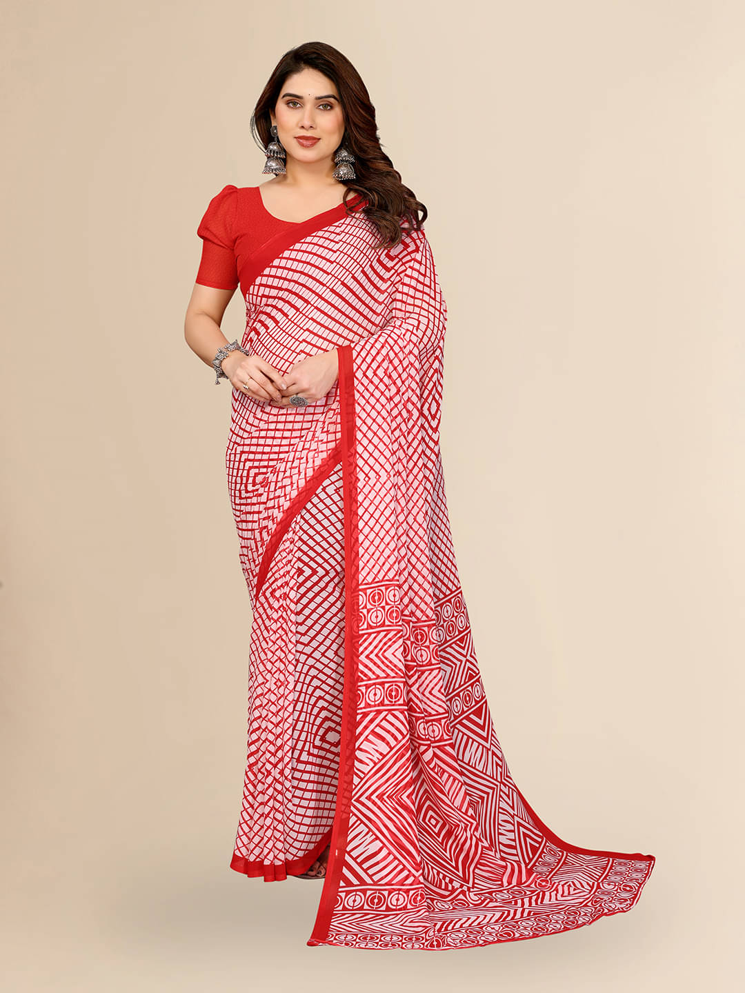 ANAND SAREES Georgette Printed Kasavu Saree With Unstitched Blouse Piece ( RED ) ANAND SAREES Georgette Printed Kasavu Saree With Unstitched Blouse Piece ( RED )