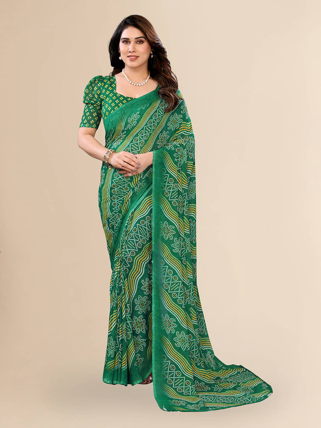     			ANAND SAREES Georgette Printed Kasavu Saree With Unstitched Blouse Piece ( GREEN )