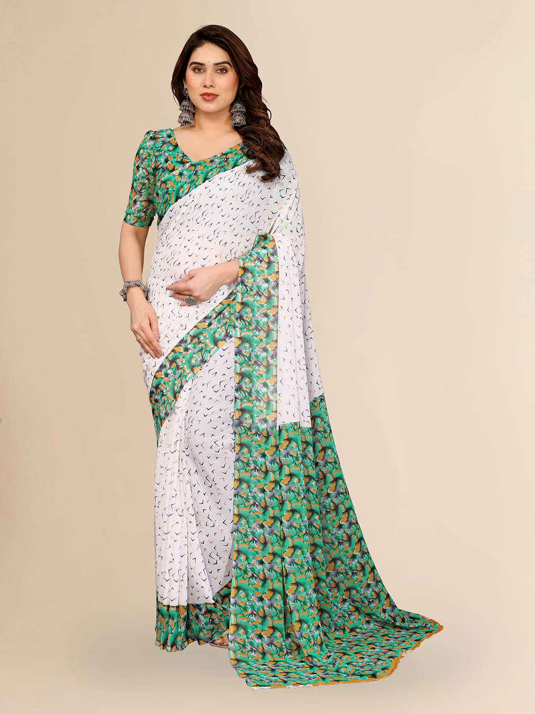 ANAND SAREES Georgette Printed Kasavu Saree With Unstitched Blouse Piece ( GREEN )     			ANAND SAREES Georgette Printed Kasavu Saree With Unstitched Blouse Piece ( GREEN )