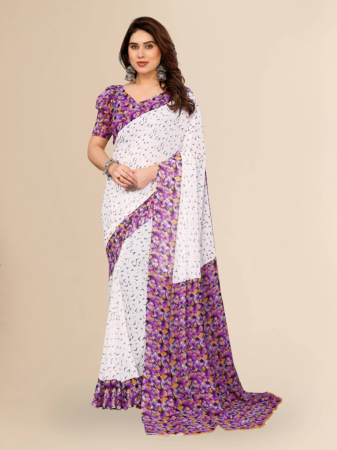 ANAND SAREES Georgette Printed Kasavu Saree With Unstitched Blouse Piece ( PURPLE )     			ANAND SAREES Georgette Printed Kasavu Saree With Unstitched Blouse Piece ( PURPLE )