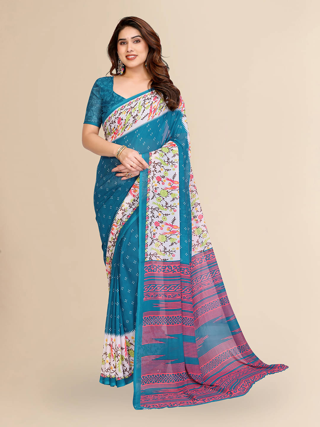     			ANAND SAREES Georgette Printed Kasavu Saree With Unstitched Blouse Piece ( Sea Green )