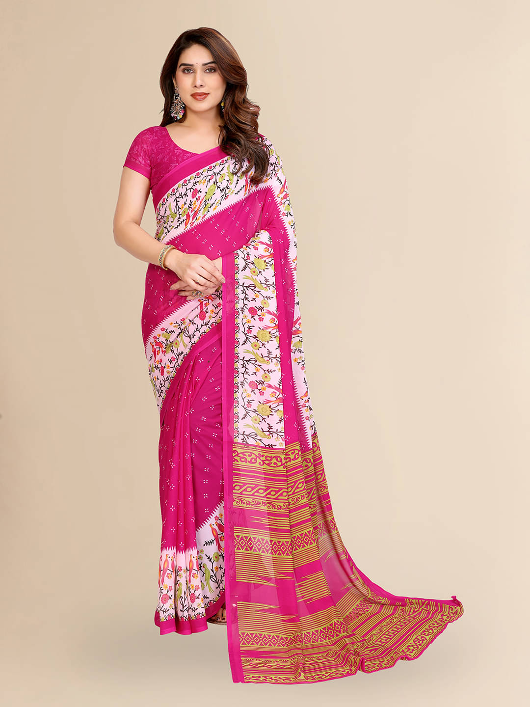     			ANAND SAREES Georgette Printed Kasavu Saree With Unstitched Blouse Piece ( PINK )
