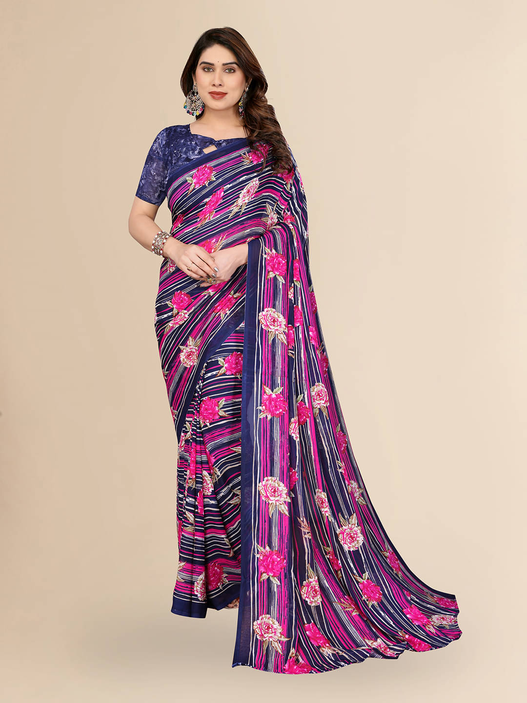 ANAND SAREES Georgette Printed Kasavu Saree With Unstitched Blouse Piece ( BLUE )     			ANAND SAREES Georgette Printed Kasavu Saree With Unstitched Blouse Piece ( BLUE )