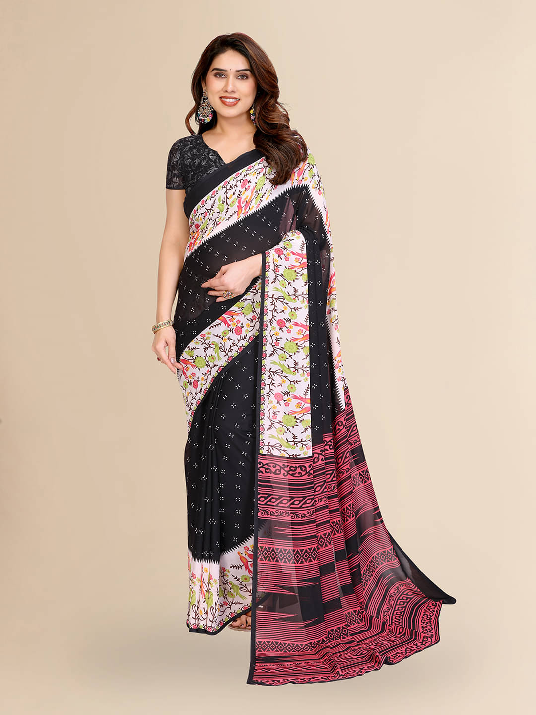ANAND SAREES Georgette Printed Kasavu Saree With Unstitched Blouse Piece ( BLACK ) ANAND SAREES Georgette Printed Kasavu Saree With Unstitched Blouse Piece ( BLACK )