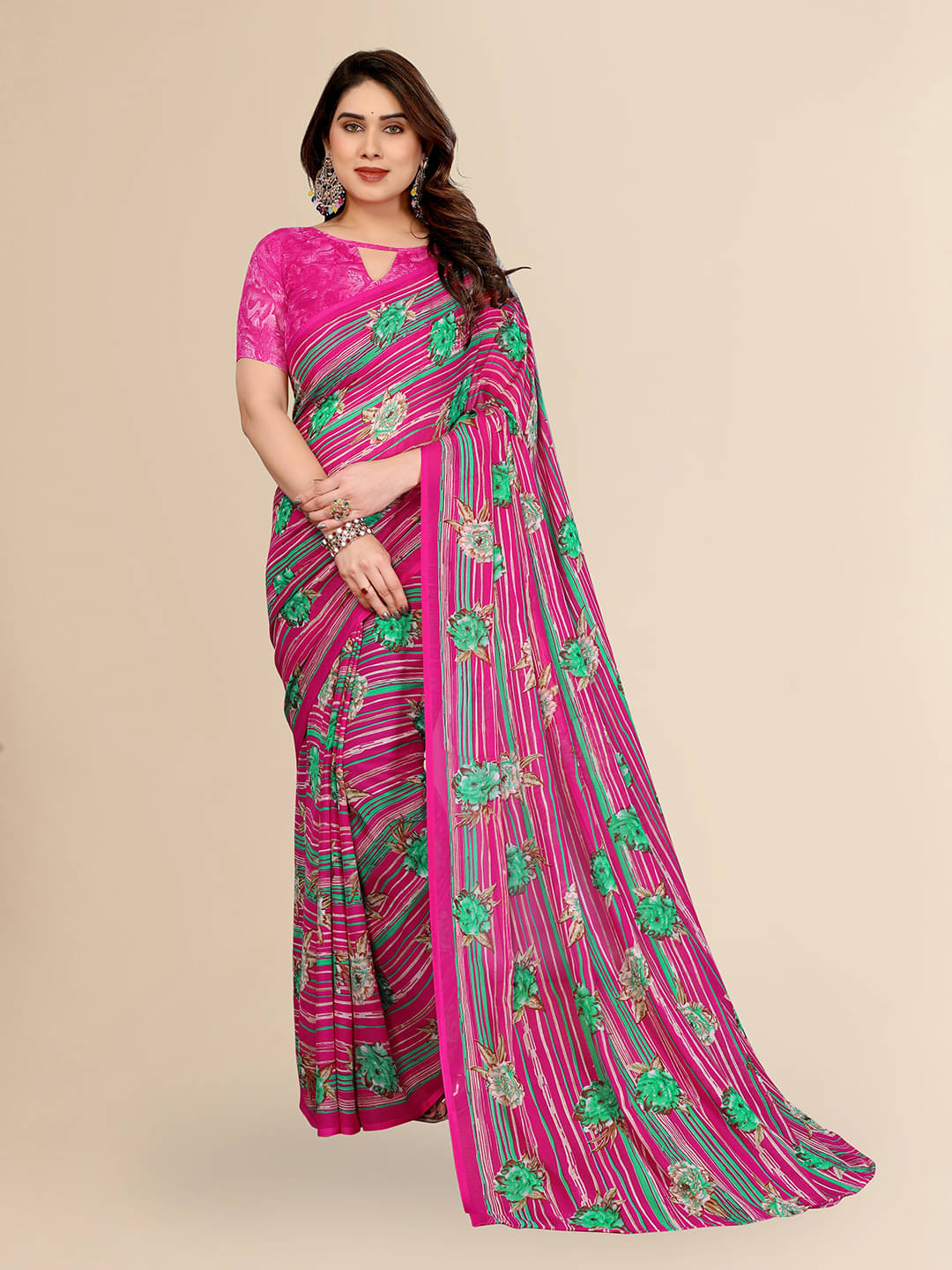     			ANAND SAREES Georgette Printed Kasavu Saree With Unstitched Blouse Piece ( PINK )