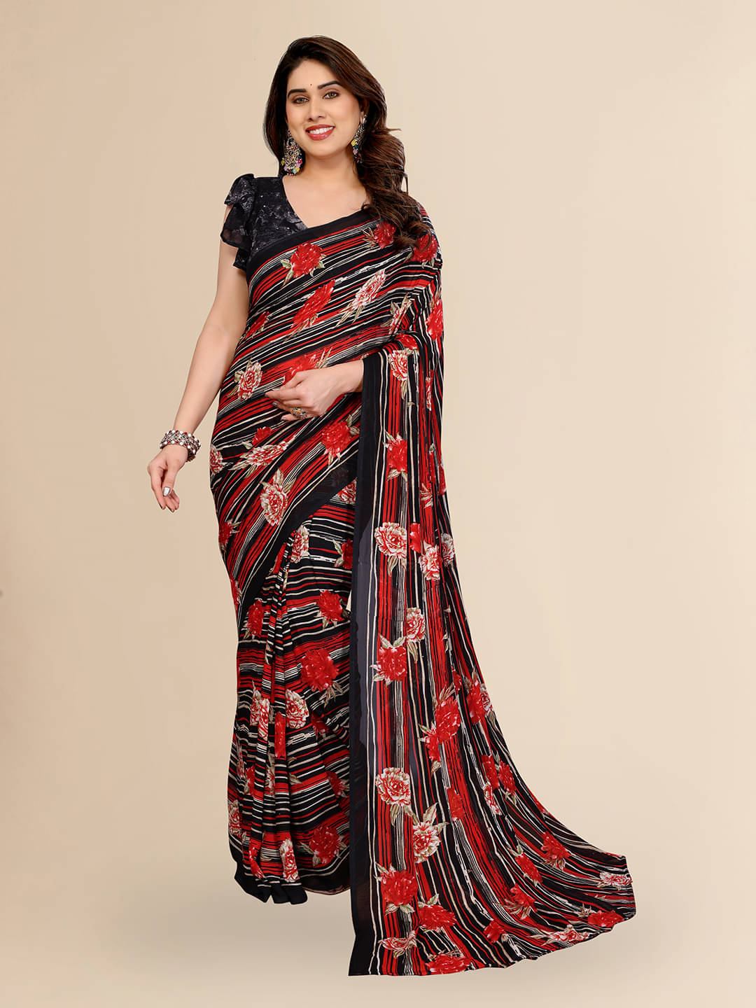     			ANAND SAREES Georgette Printed Kasavu Saree With Unstitched Blouse Piece ( BLACK )