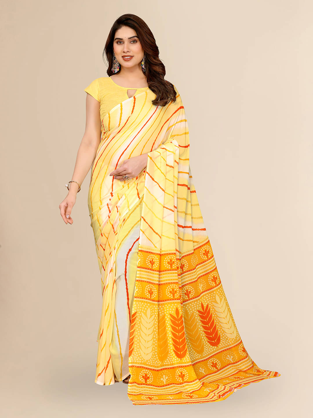 ANAND SAREES Georgette Printed Kasavu Saree With Unstitched Blouse Piece ( YELLOW ) ANAND SAREES Georgette Printed Kasavu Saree With Unstitched Blouse Piece ( YELLOW )