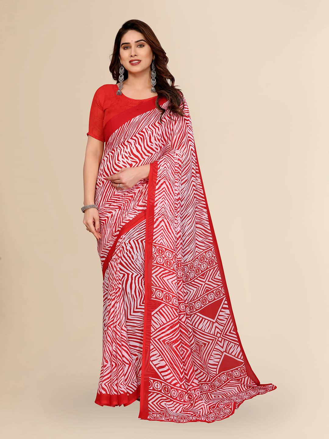 ANAND SAREES Georgette Printed Kasavu Saree With Unstitched Blouse Piece ( RED ) ANAND SAREES Georgette Printed Kasavu Saree With Unstitched Blouse Piece ( RED )