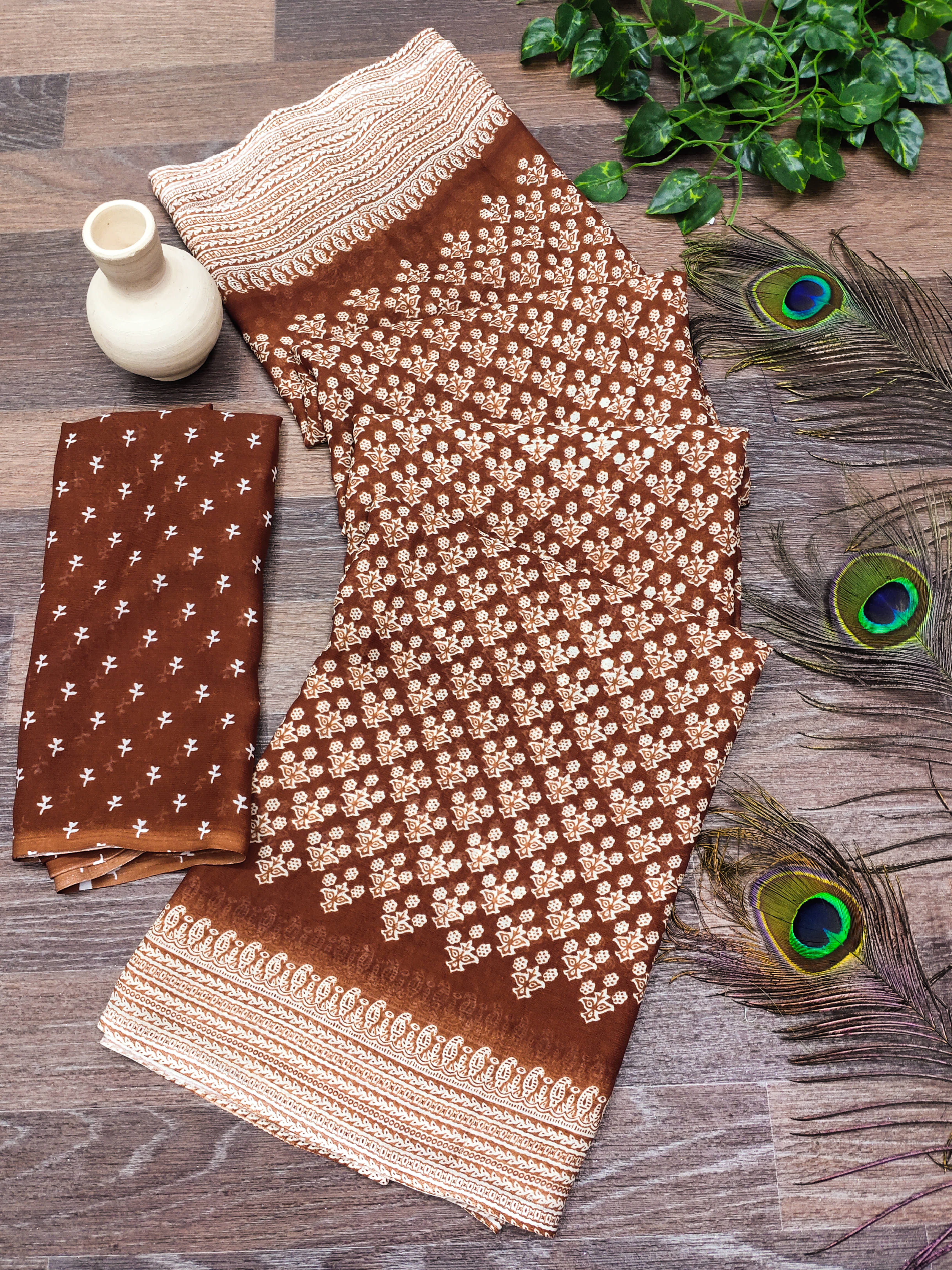     			ANAND SAREES Georgette Printed Kasavu Saree With Unstitched Blouse Piece ( BROWN )