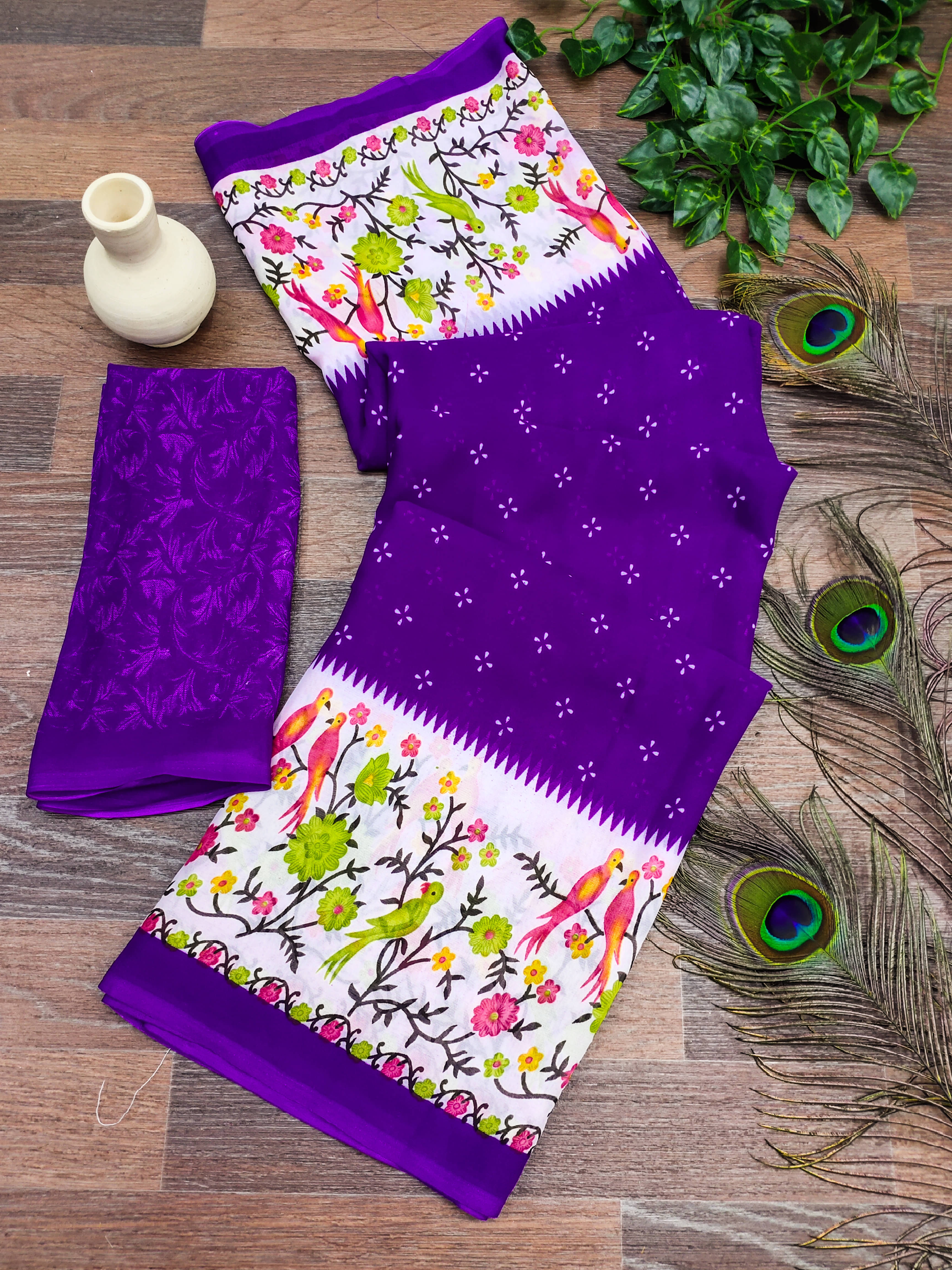     			ANAND SAREES Georgette Printed Kasavu Saree With Unstitched Blouse Piece ( PURPLE )