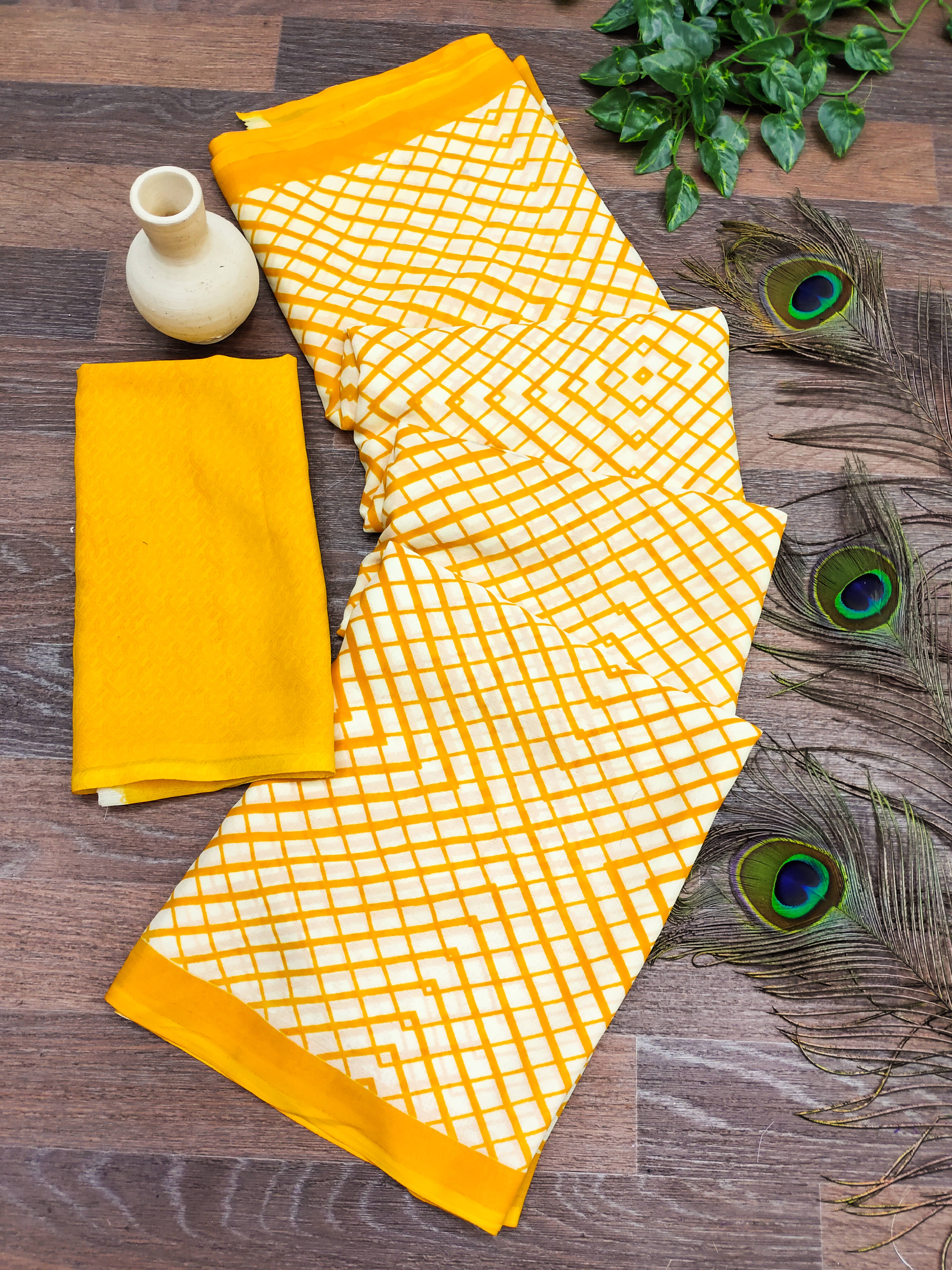     			ANAND SAREES Georgette Printed Kasavu Saree With Unstitched Blouse Piece ( YELLOW )