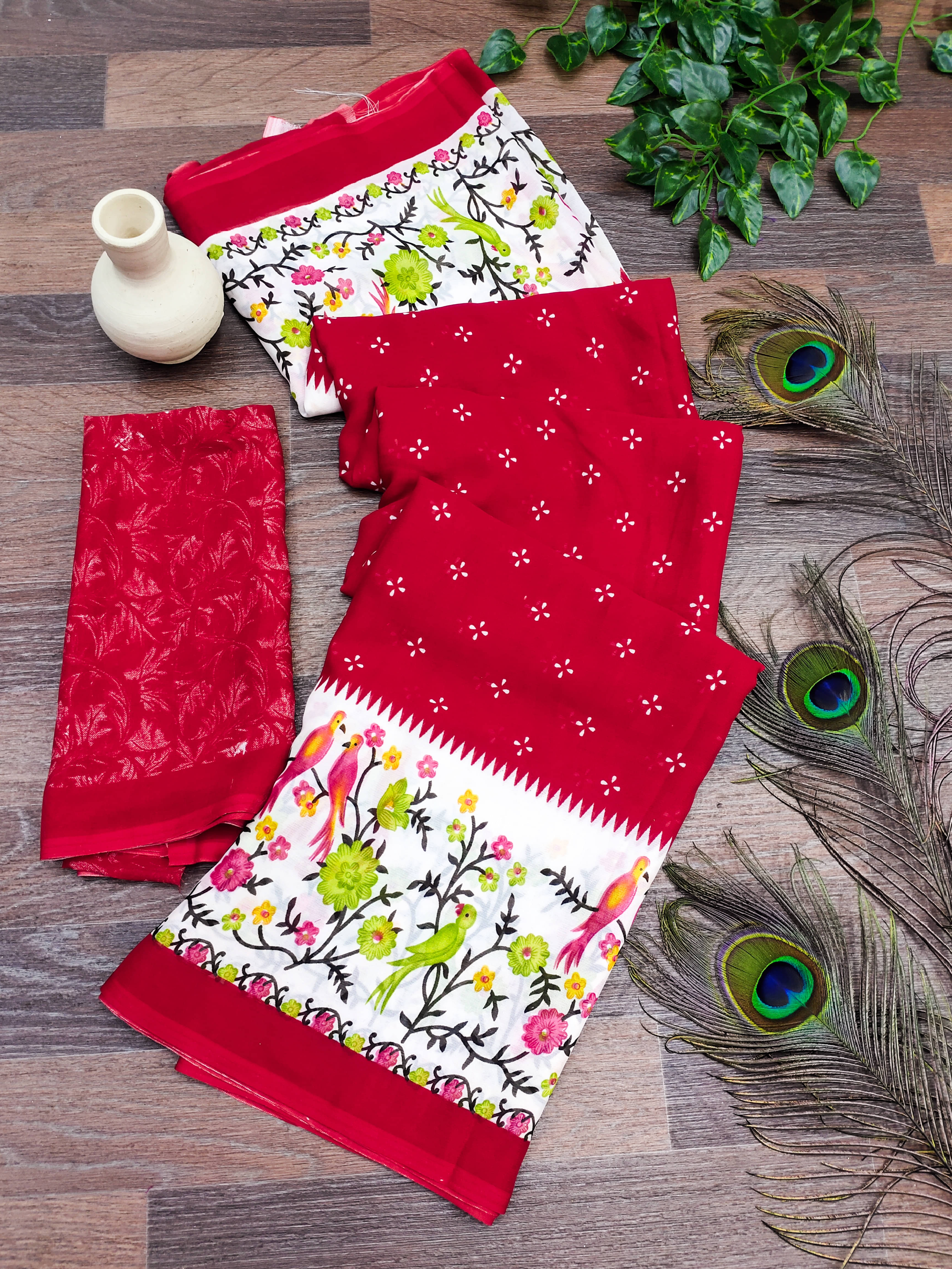     			ANAND SAREES Georgette Printed Kasavu Saree With Unstitched Blouse Piece ( RED )