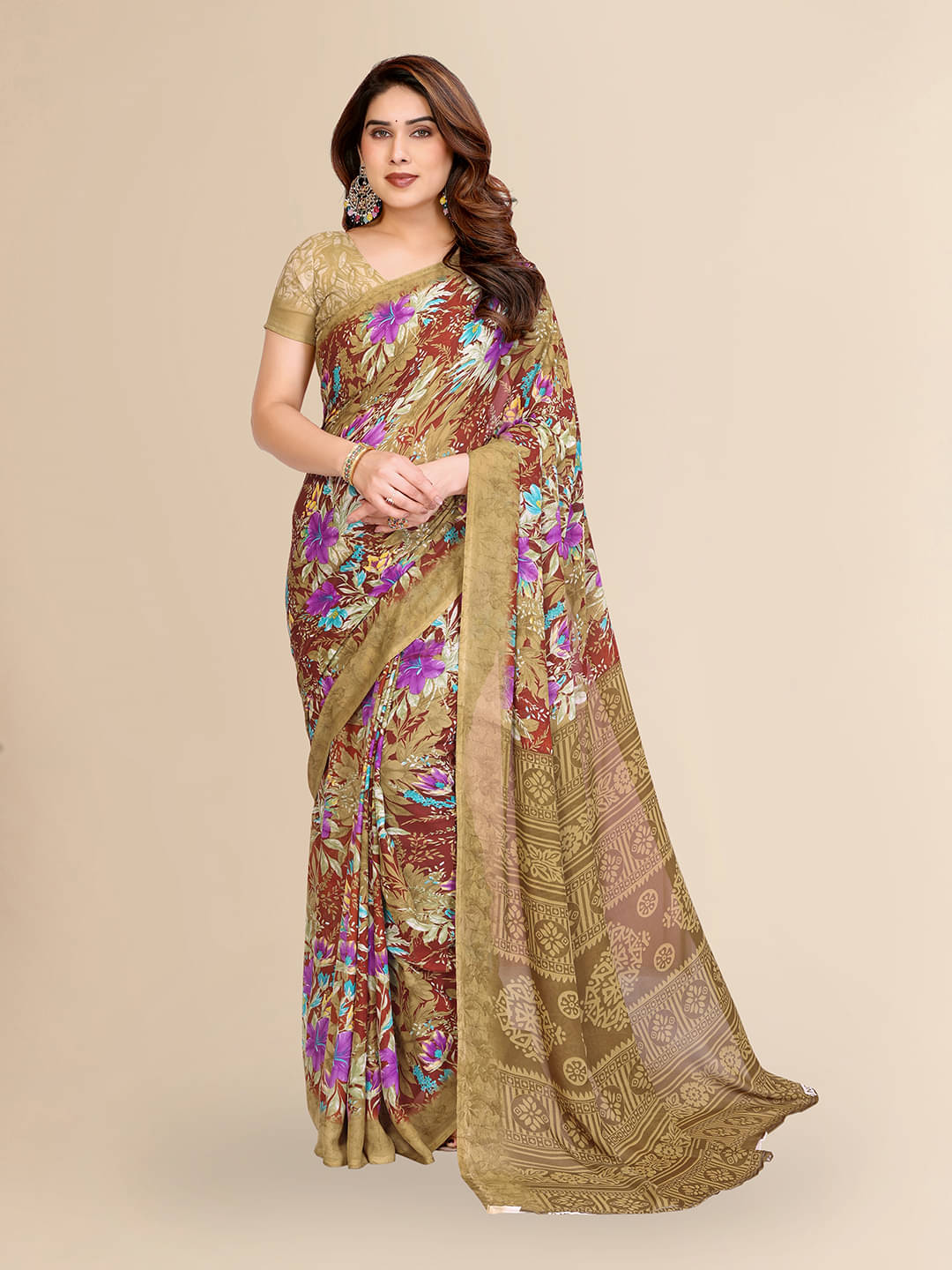     			ANAND SAREES Georgette Printed Kasavu Saree With Unstitched Blouse Piece ( BROWN )