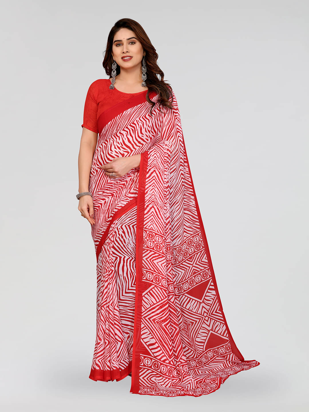 ANAND SAREES Georgette Printed Kasavu Saree With Unstitched Blouse Piece ( RED ) ANAND SAREES Georgette Printed Kasavu Saree With Unstitched Blouse Piece ( RED )