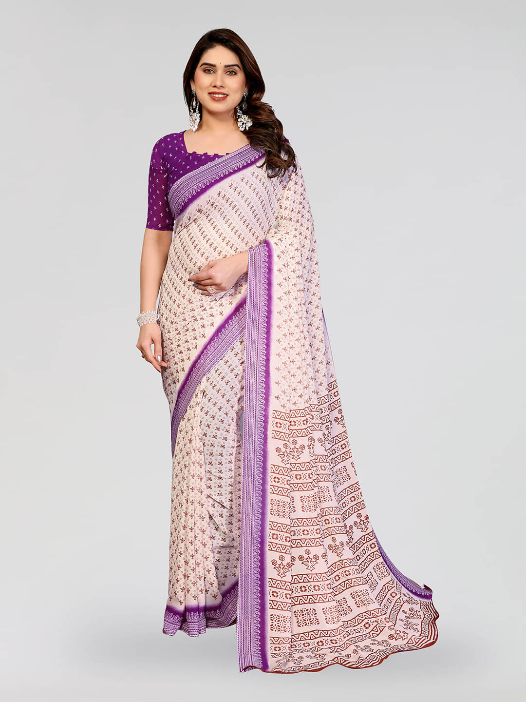     			ANAND SAREES Georgette Printed Kasavu Saree With Unstitched Blouse Piece ( PURPLE )