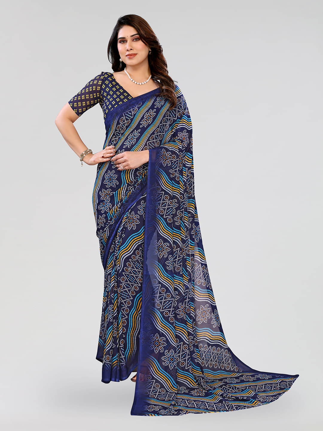     			ANAND SAREES Georgette Printed Kasavu Saree With Unstitched Blouse Piece ( BLUE )