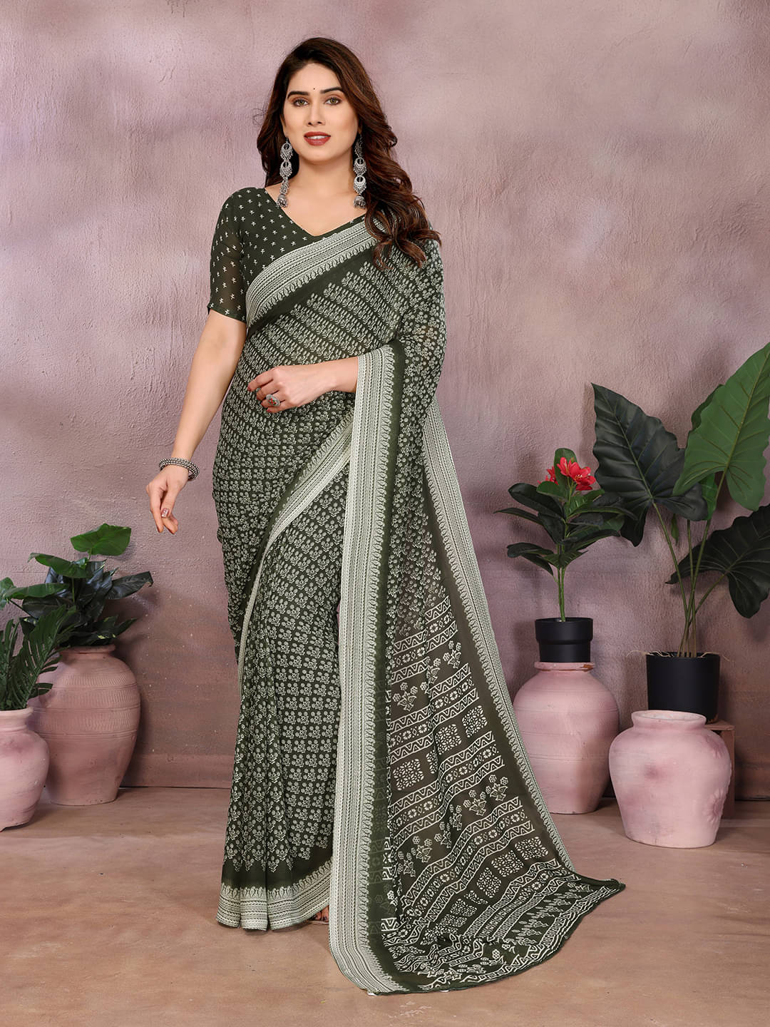     			ANAND SAREES Georgette Printed Kasavu Saree With Unstitched Blouse Piece ( GREEN )