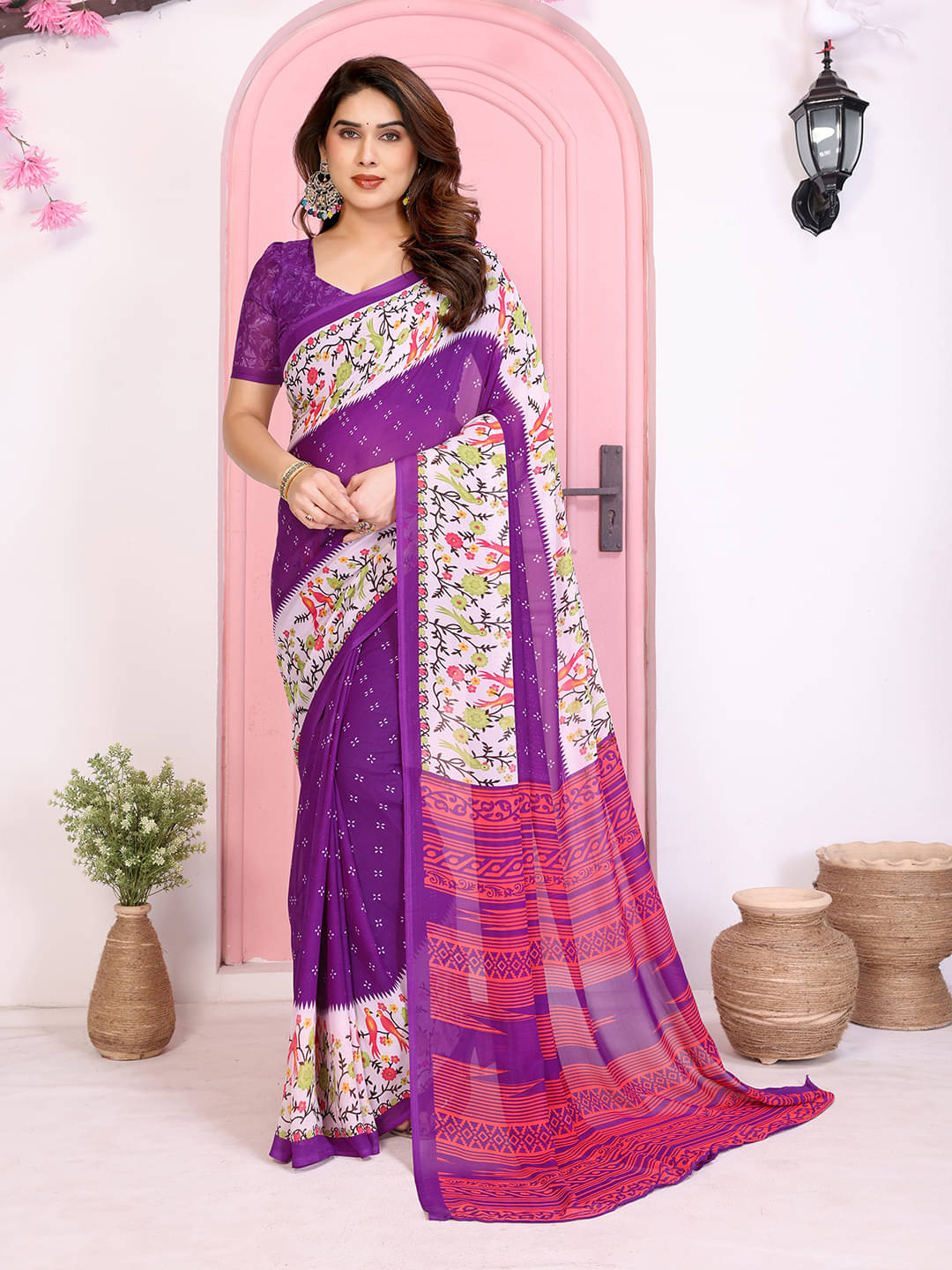 ANAND SAREES Georgette Printed Kasavu Saree With Unstitched Blouse Piece ( PURPLE )     			ANAND SAREES Georgette Printed Kasavu Saree With Unstitched Blouse Piece ( PURPLE )
