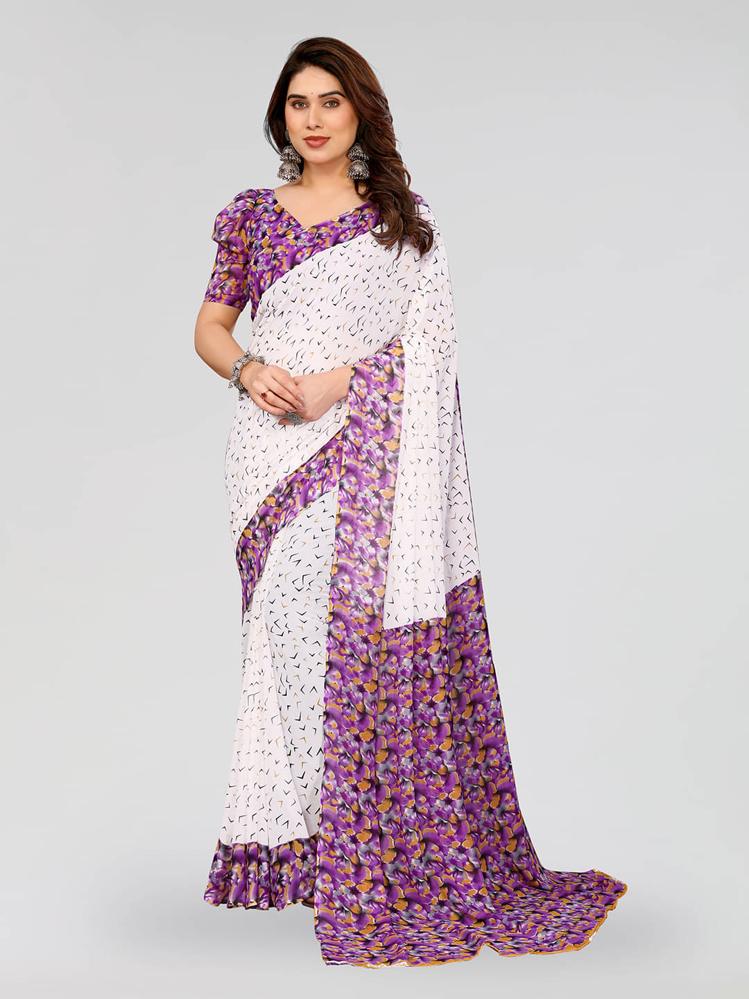     			ANAND SAREES Georgette Printed Kasavu Saree With Unstitched Blouse Piece ( PURPLE )