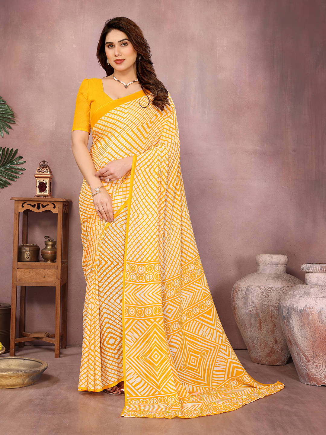     			ANAND SAREES Georgette Printed Kasavu Saree With Unstitched Blouse Piece ( YELLOW )