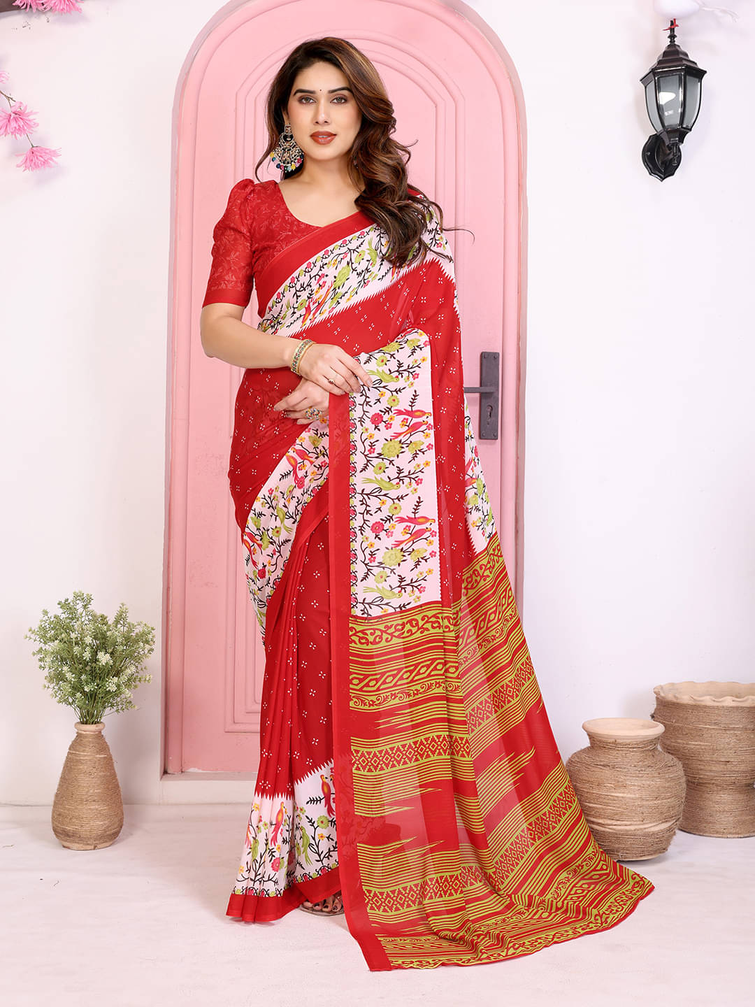     			ANAND SAREES Georgette Printed Kasavu Saree With Unstitched Blouse Piece ( RED )
