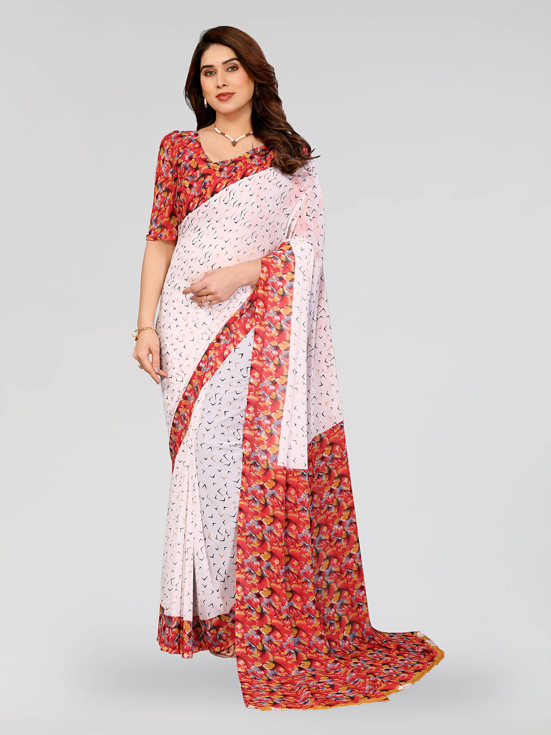 ANAND SAREES Georgette Printed Kasavu Saree With Unstitched Blouse Piece ( RED ) ANAND SAREES Georgette Printed Kasavu Saree With Unstitched Blouse Piece ( RED )