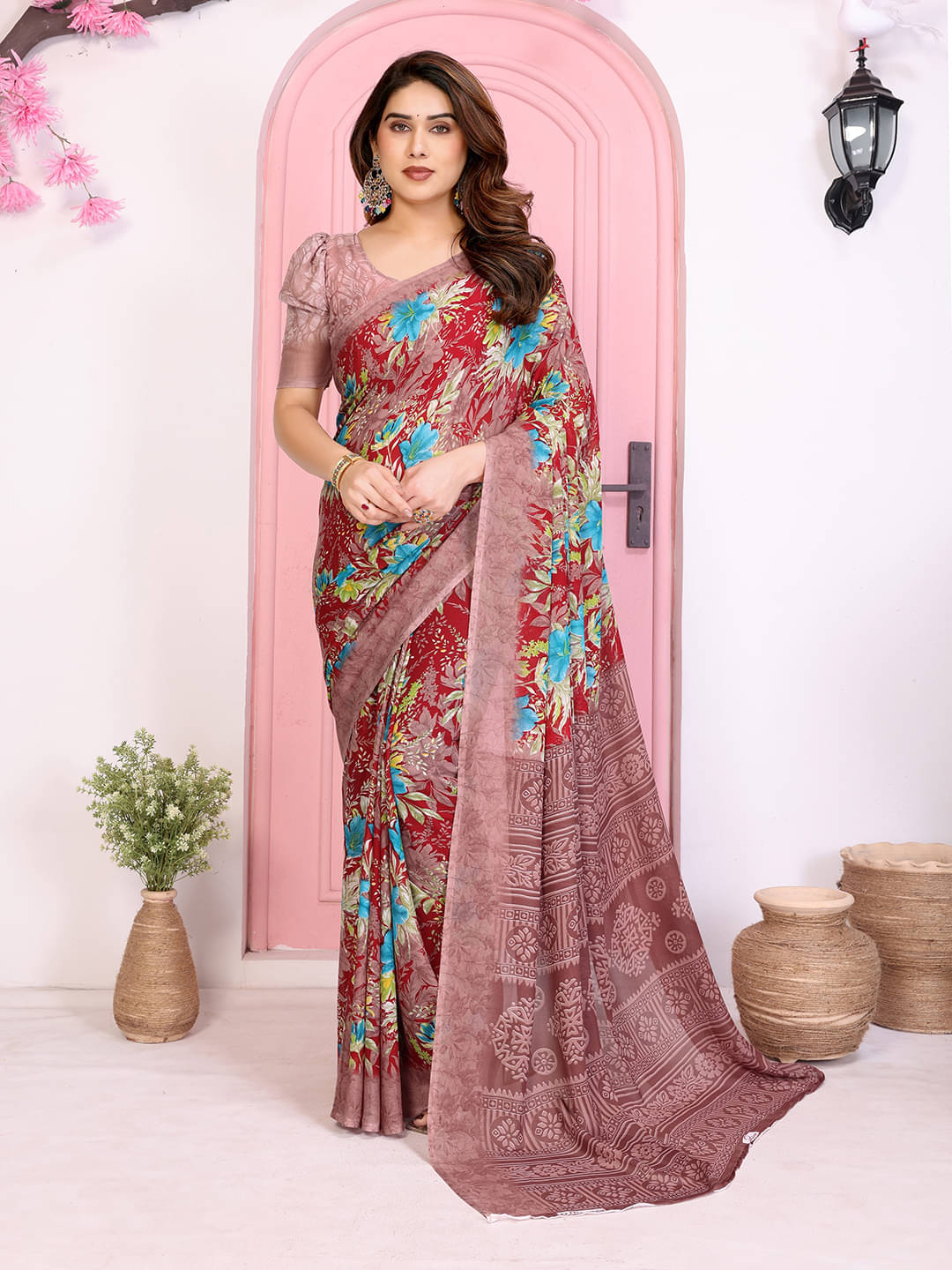 ANAND SAREES Georgette Printed Kasavu Saree With Unstitched Blouse Piece ( RED ) ANAND SAREES Georgette Printed Kasavu Saree With Unstitched Blouse Piece ( RED )