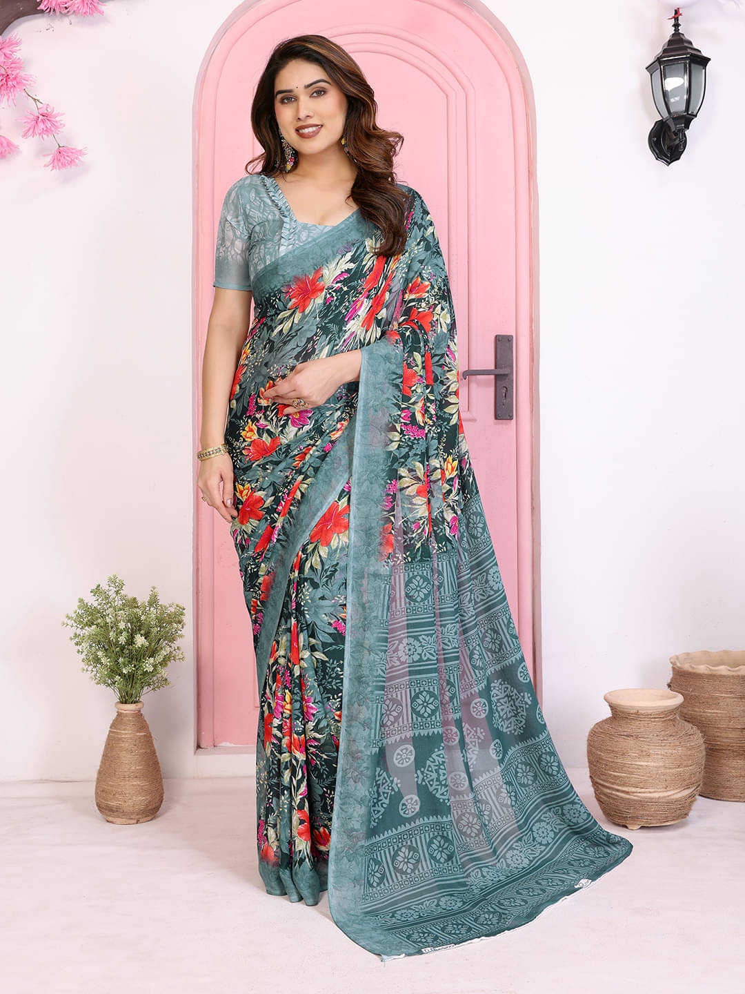 ANAND SAREES Georgette Printed Kasavu Saree With Unstitched Blouse Piece ( GREEN ) ANAND SAREES Georgette Printed Kasavu Saree With Unstitched Blouse Piece ( GREEN )