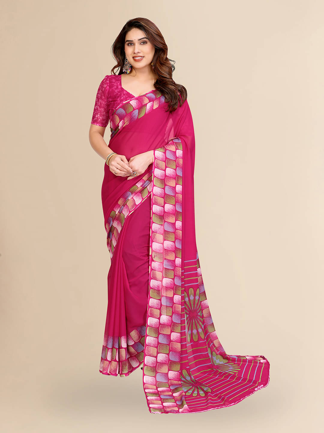 ANAND SAREES Georgette Printed Kasavu Saree With Unstitched Blouse Piece ( PINK ) ANAND SAREES Georgette Printed Kasavu Saree With Unstitched Blouse Piece ( PINK )