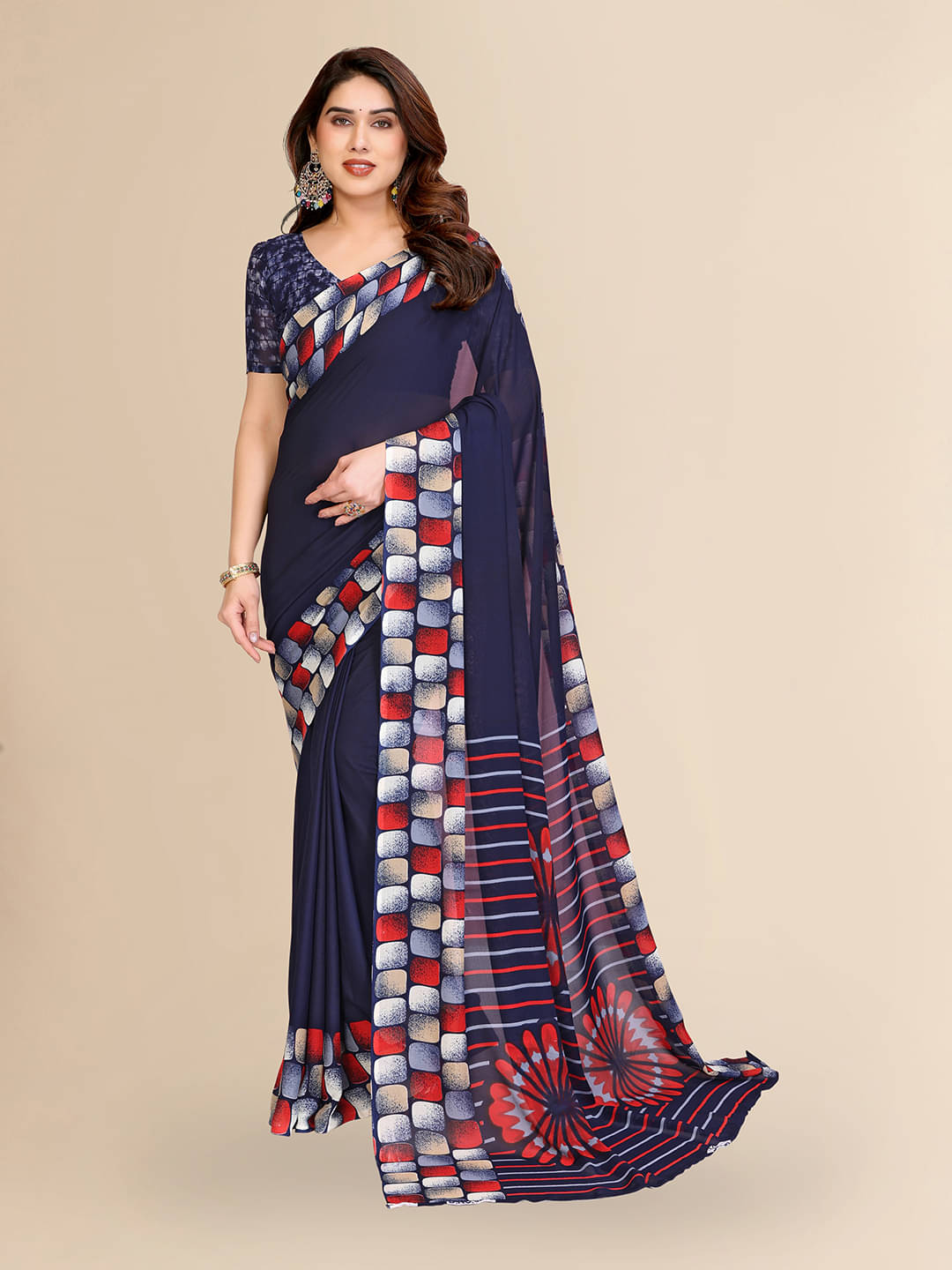 ANAND SAREES Georgette Printed Kasavu Saree With Unstitched Blouse Piece ( BLUE ) ANAND SAREES Georgette Printed Kasavu Saree With Unstitched Blouse Piece ( BLUE )