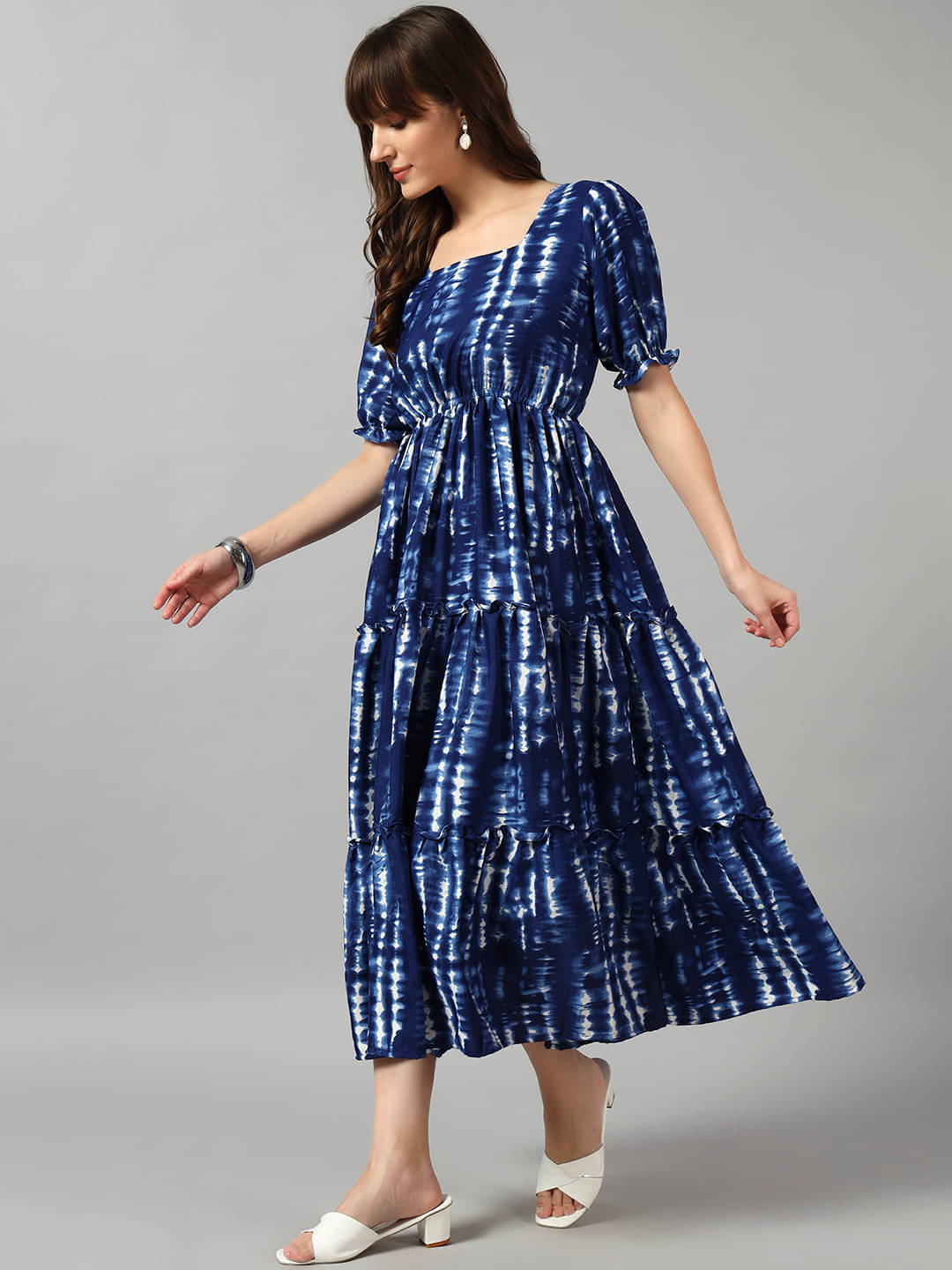     			Femvy Women Crepe Printed Fit & Flare Dress ( Blue )