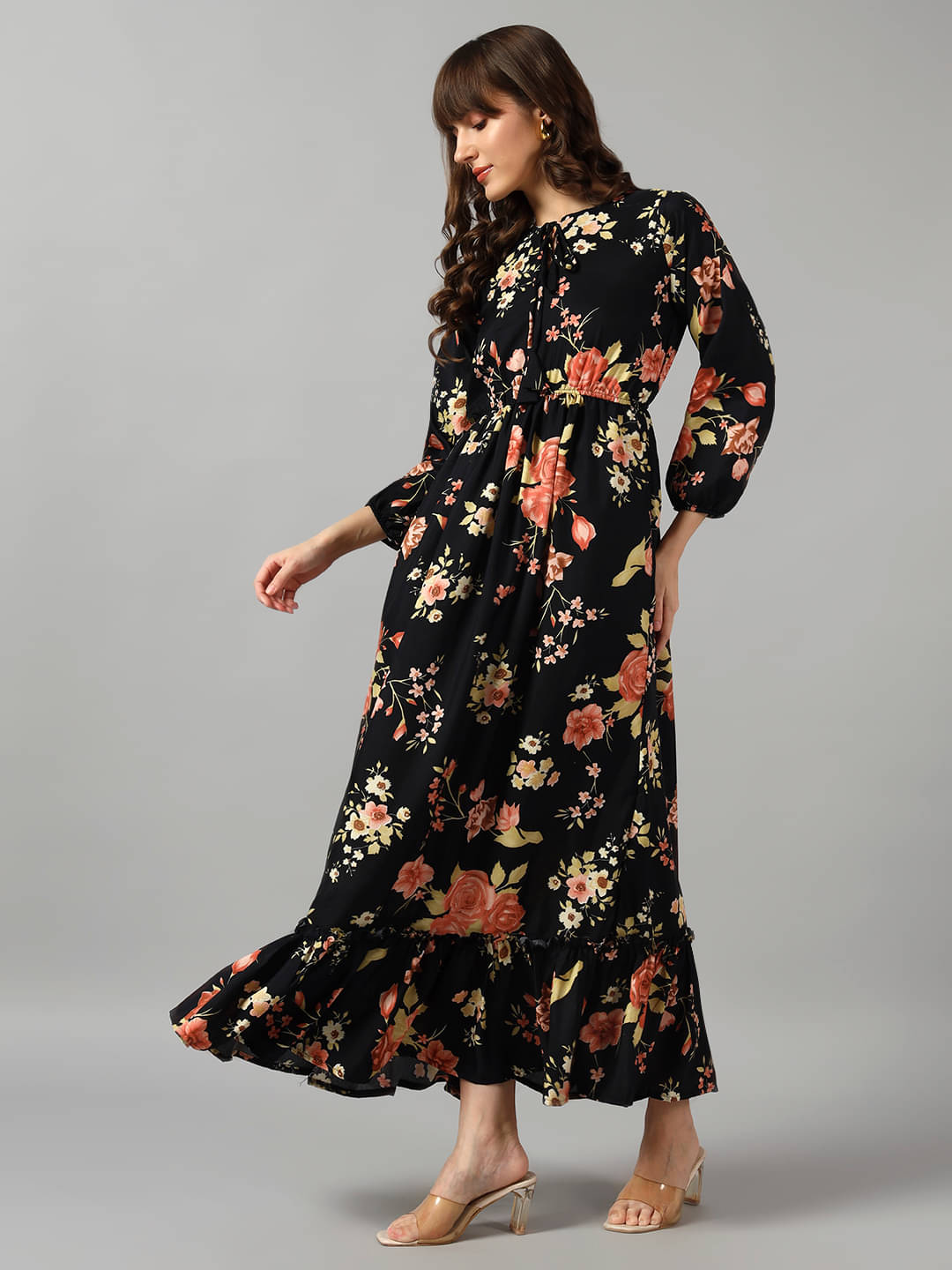     			Femvy Women Crepe Printed Fit & Flare Dress ( Gold )