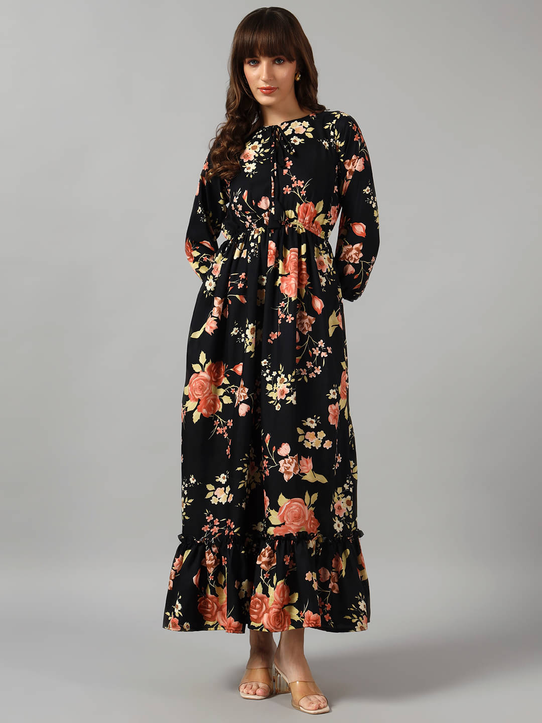     			Femvy Women Crepe Printed Fit & Flare Dress ( Gold )
