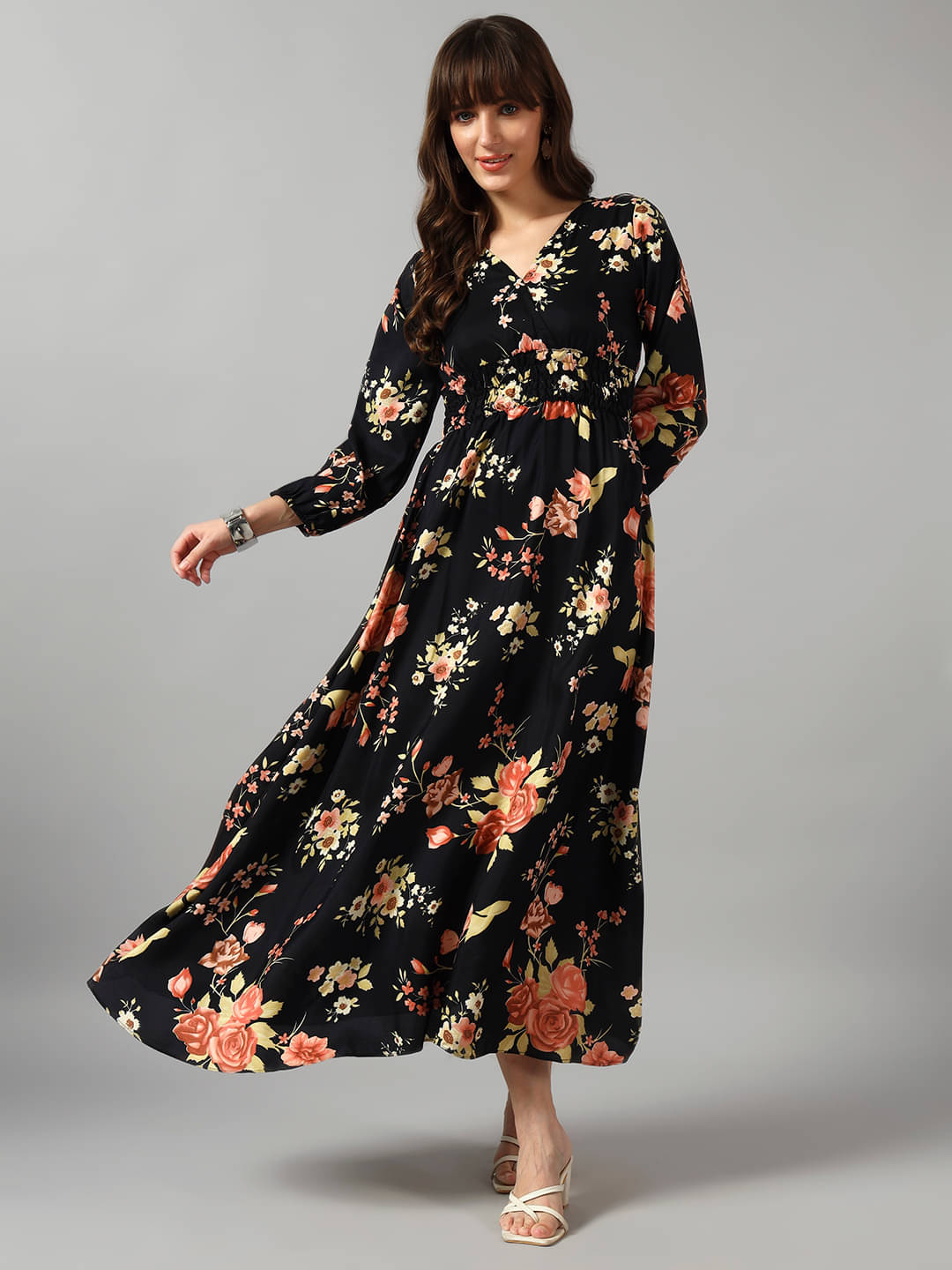     			Femvy Women Crepe Printed Fit & Flare Dress ( Gold )