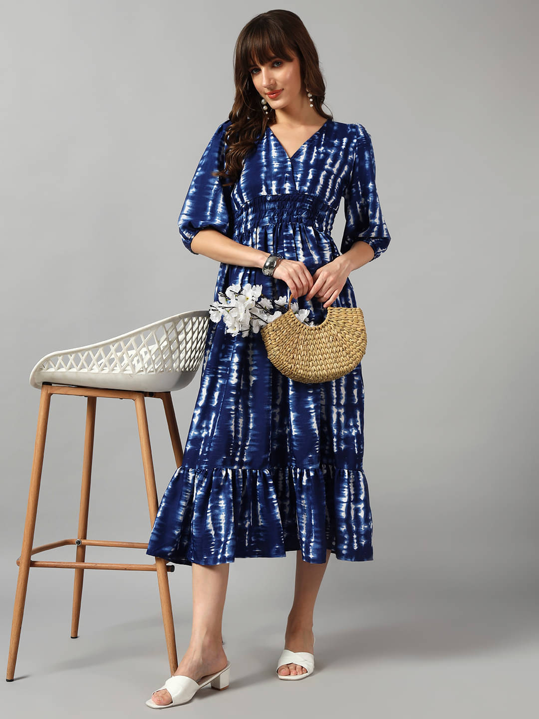     			Femvy Women Crepe Printed Fit & Flare Dress ( Blue )