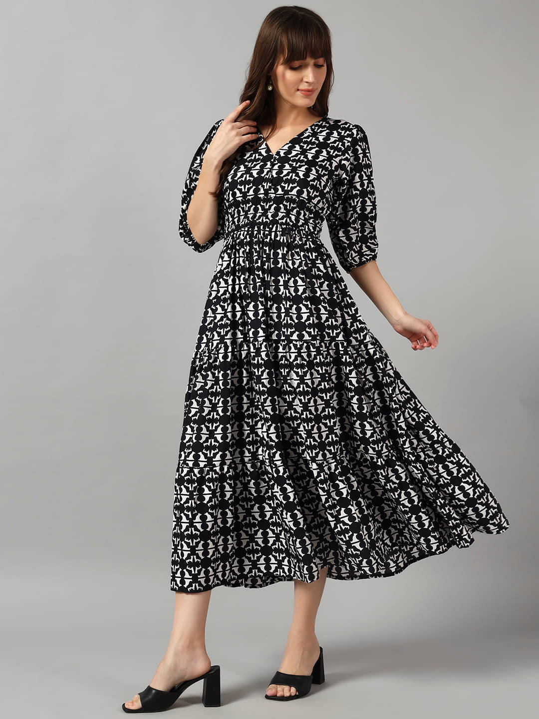     			Femvy Women Crepe Printed Fit & Flare Dress ( Black )