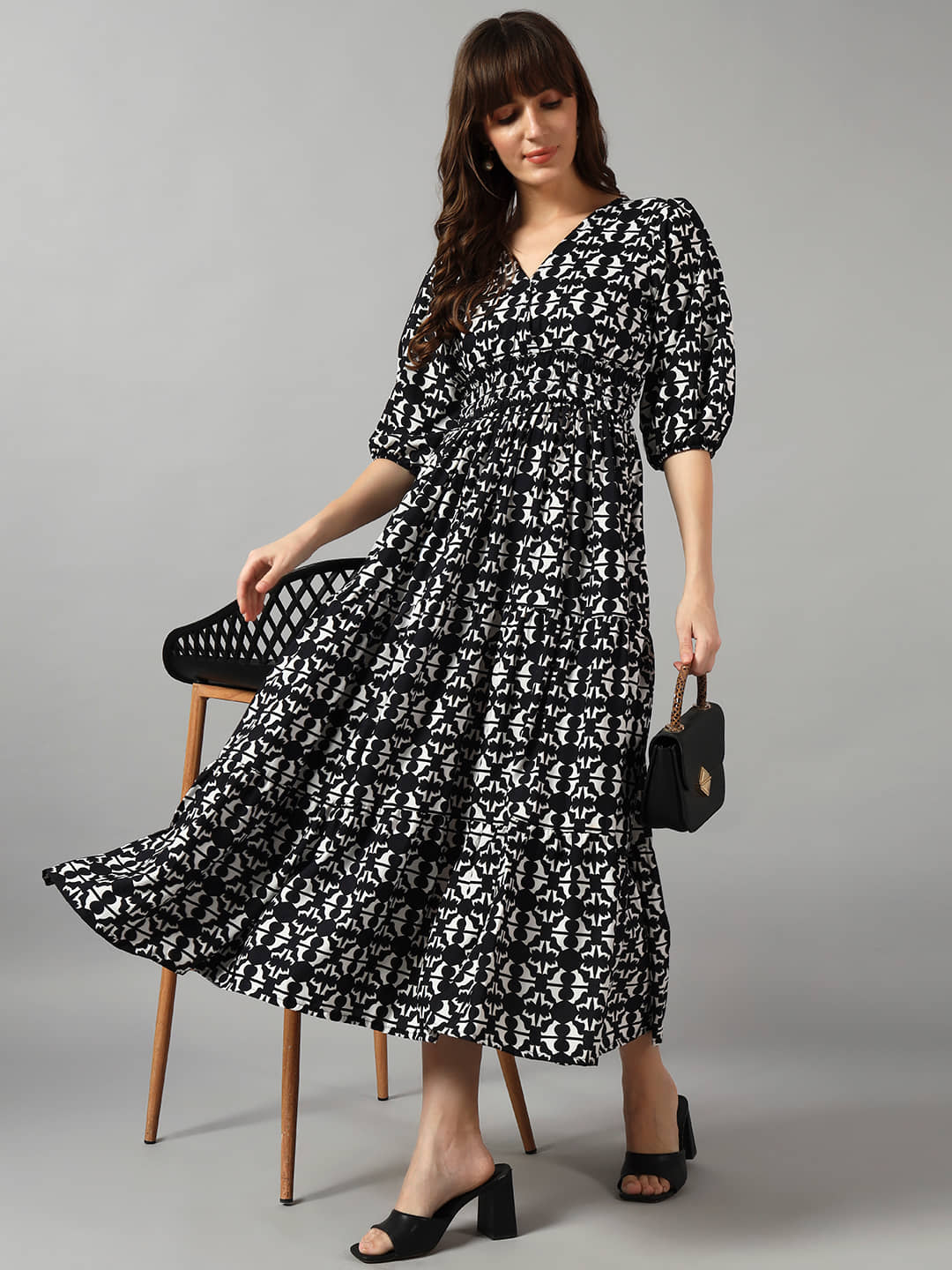Femvy Women Crepe Printed Fit & Flare Dress ( Black )