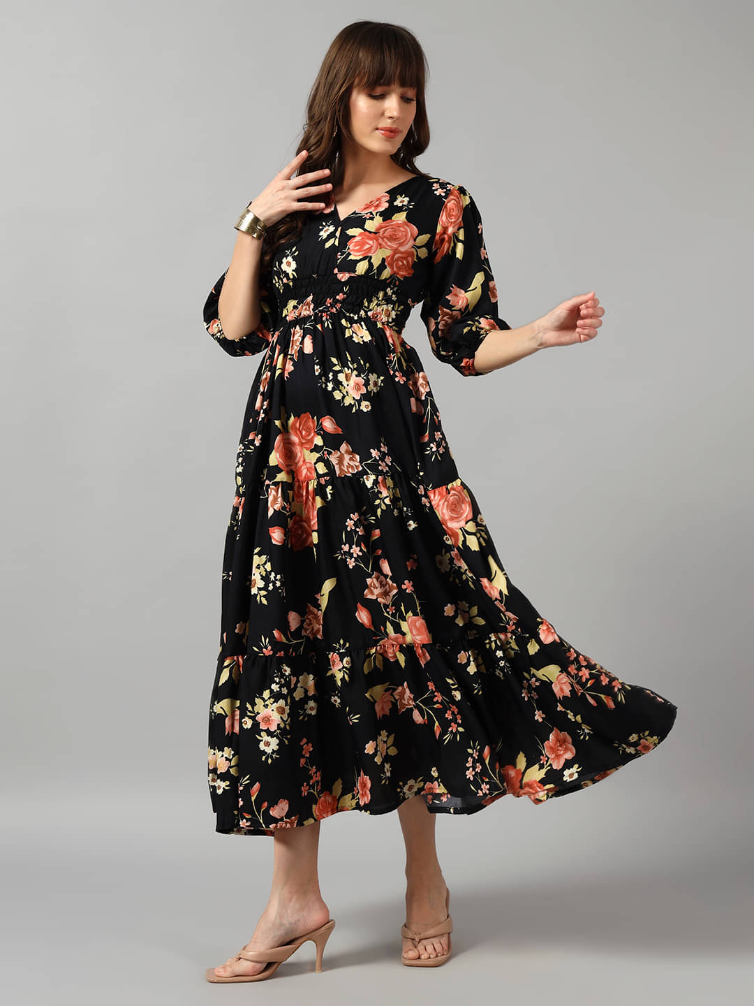     			Femvy Women Crepe Printed Fit & Flare Dress ( Gold )