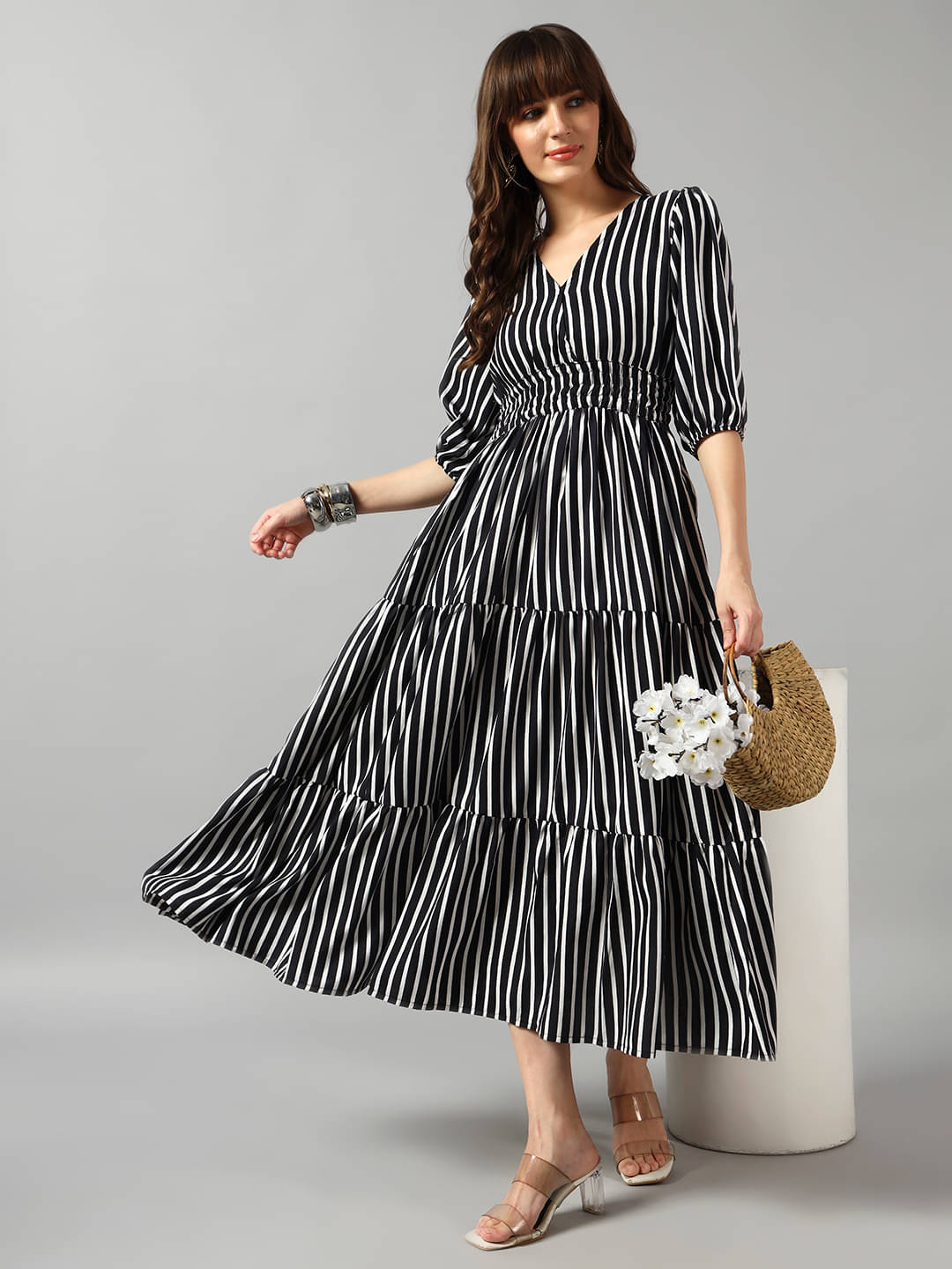     			Femvy Women Crepe Printed Fit & Flare Dress ( White )