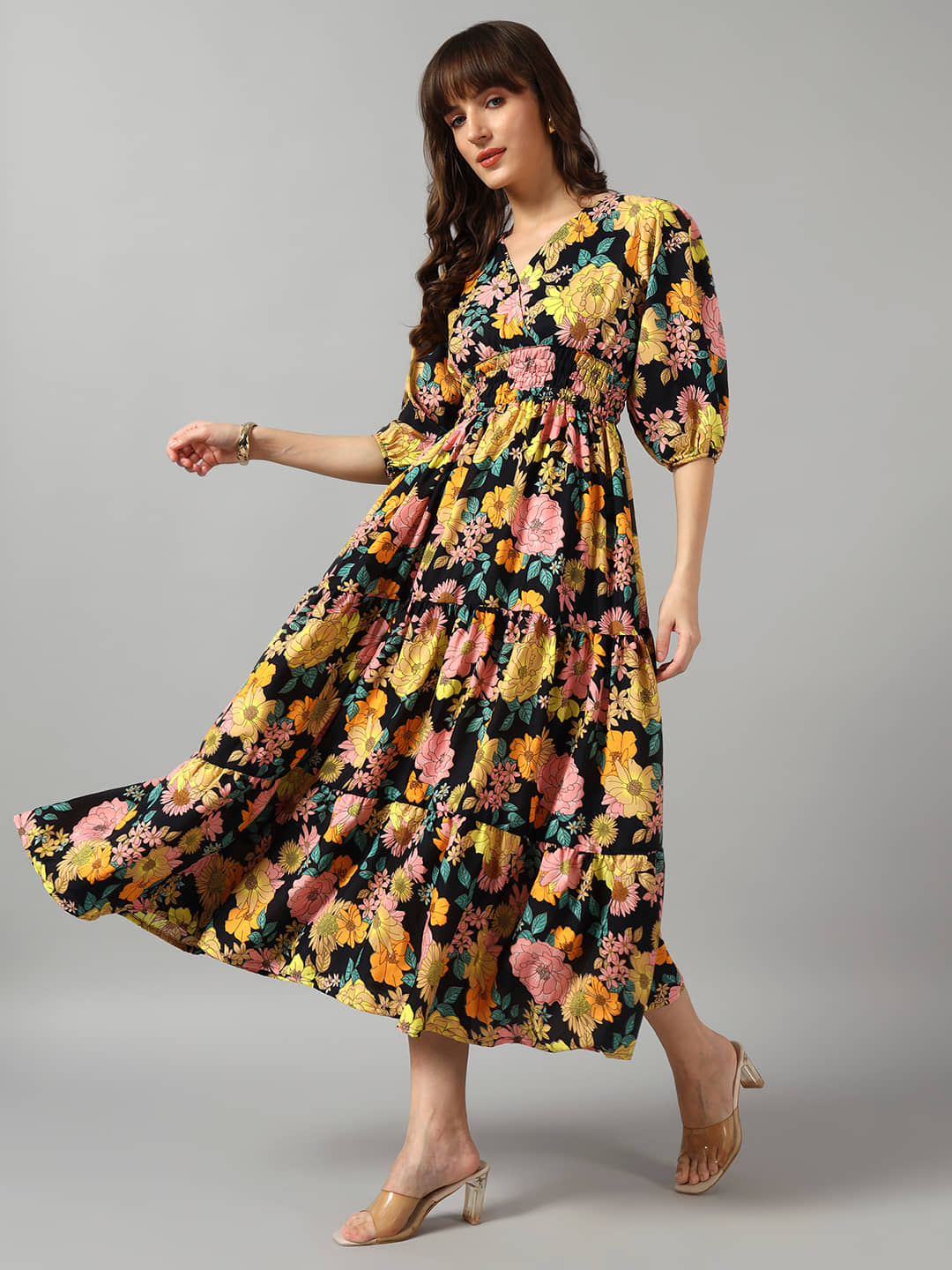 Femvy Women Crepe Printed Fit & Flare Dress ( Yellow )
