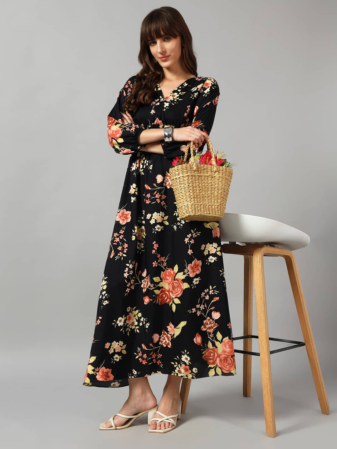 Femvy Women Crepe Printed Fit & Flare Dress ( Gold ) Femvy Women Crepe Printed Fit & Flare Dress ( Gold )