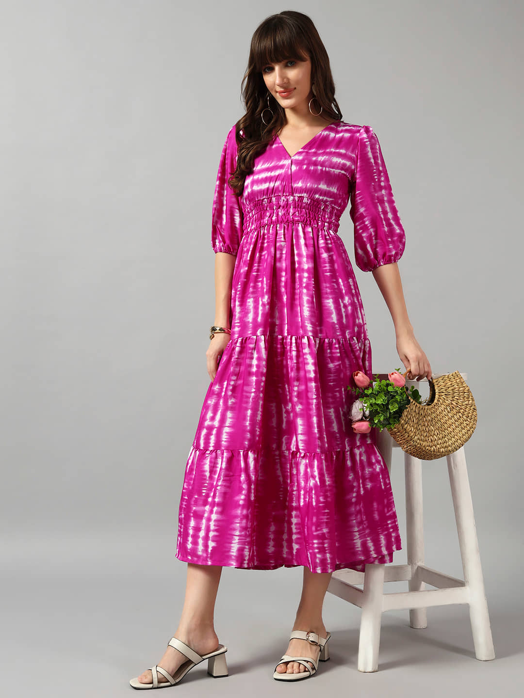 Femvy Women Crepe Printed Fit & Flare Dress ( Lavender )