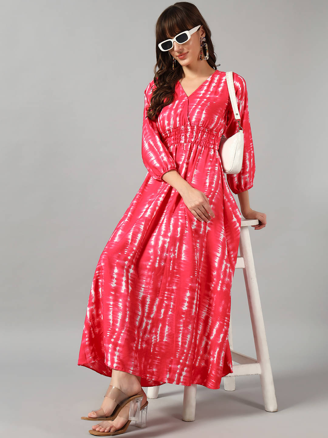     			Femvy Women Crepe Printed Fit & Flare Dress ( Pink )