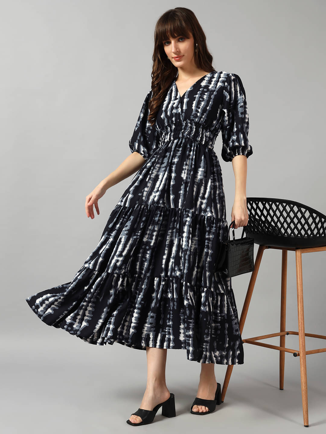     			Femvy Women Crepe Printed Fit & Flare Dress ( Black )