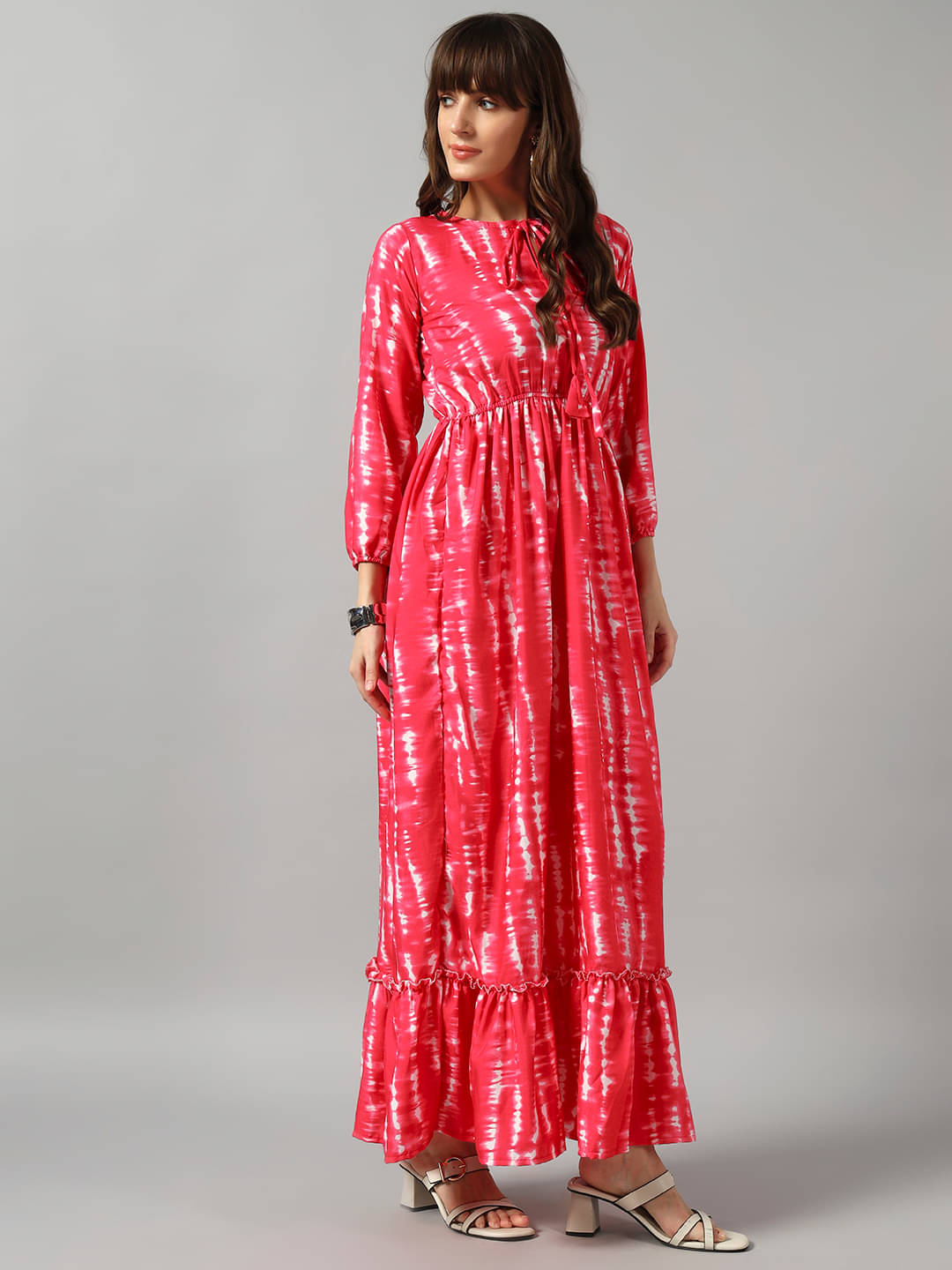     			Femvy Women Crepe Printed Fit & Flare Dress ( Pink )