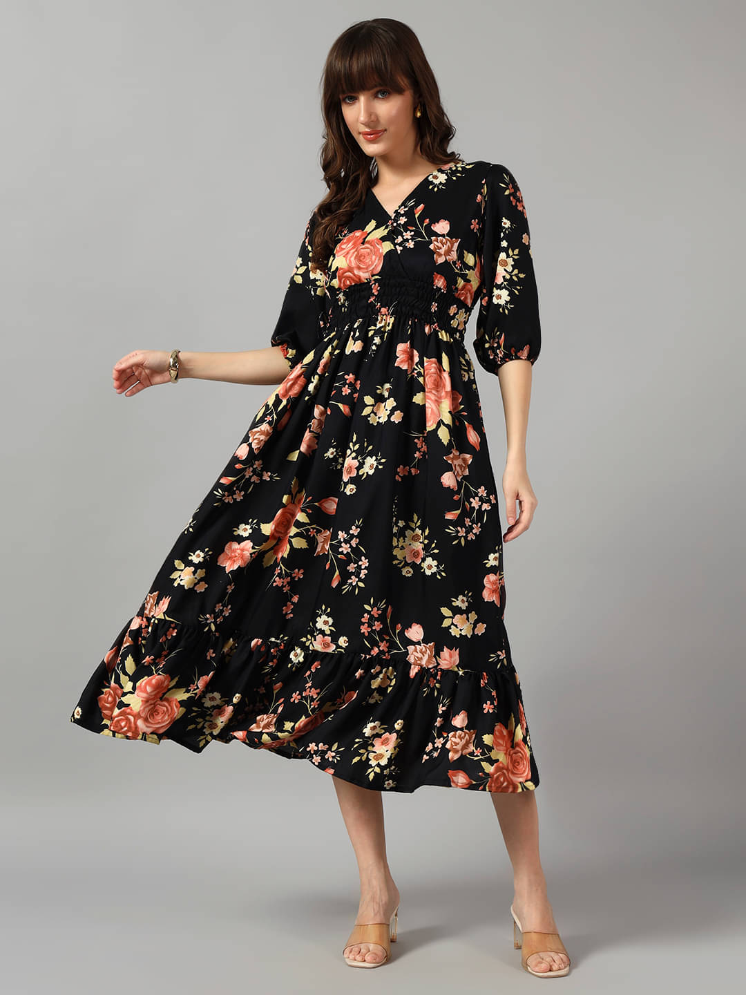     			Femvy Women Crepe Printed Fit & Flare Dress ( Gold )
