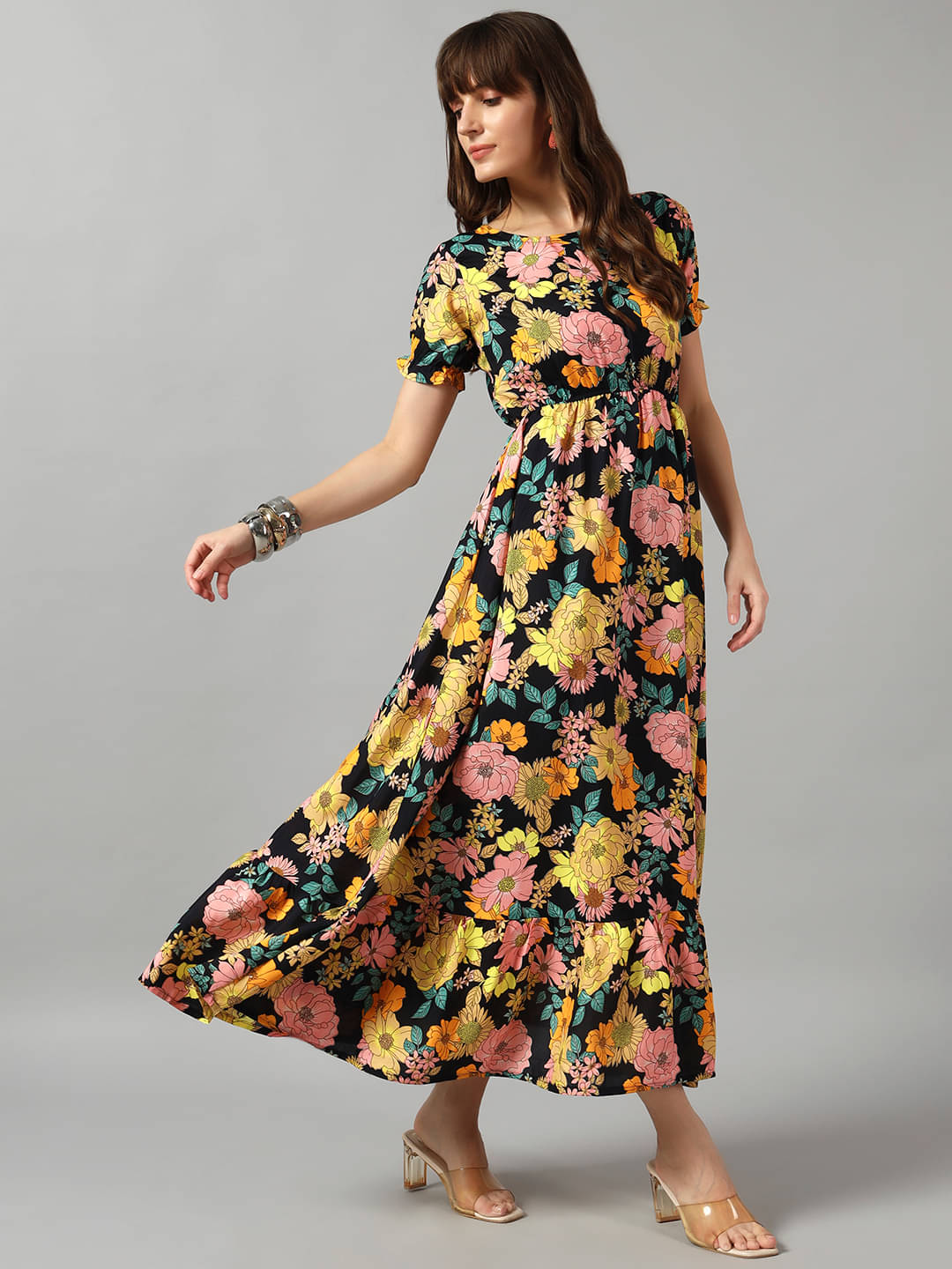     			Femvy Women Crepe Printed Fit & Flare Dress ( Yellow )